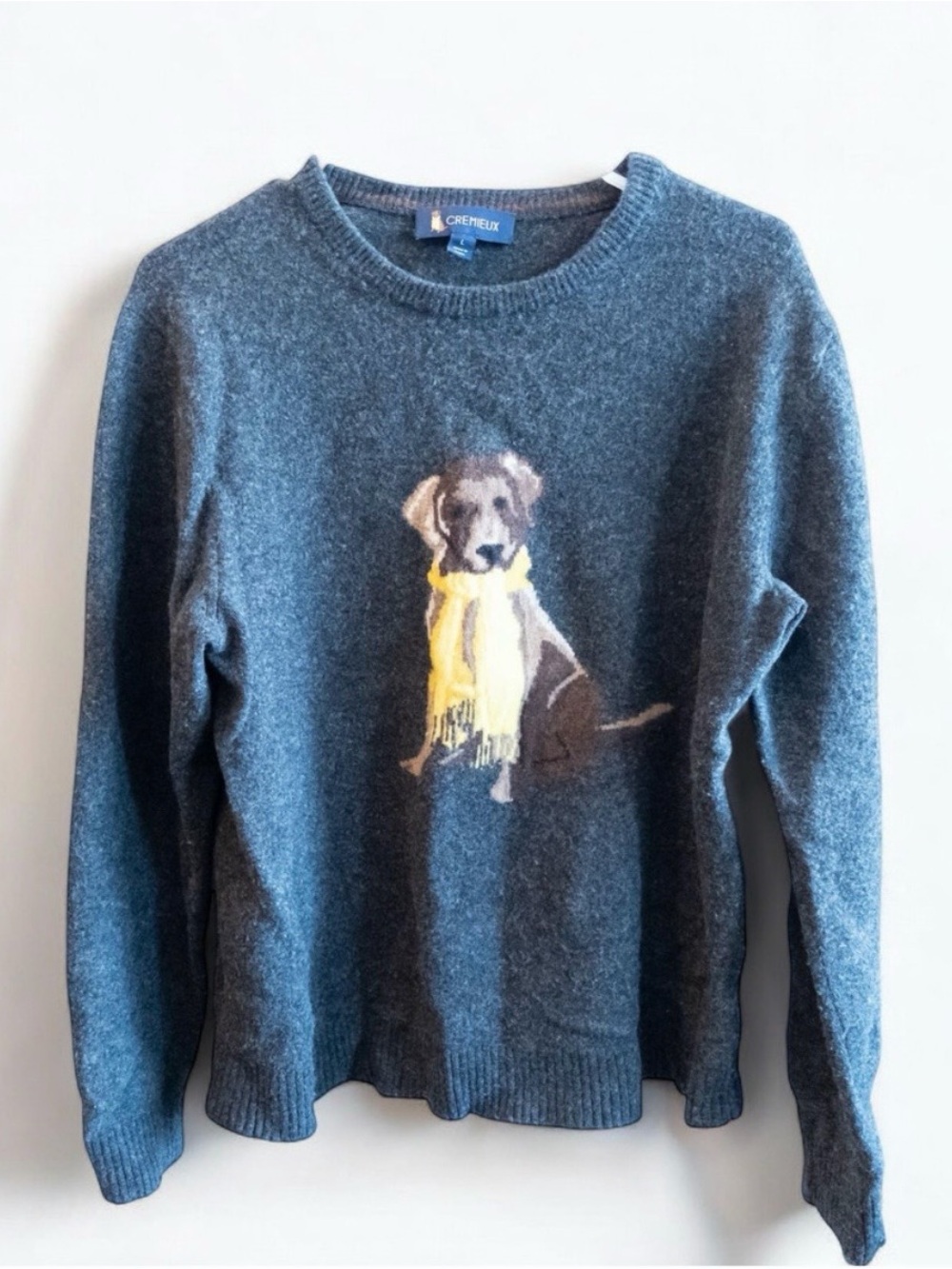 Cremieux Wool Gray Dog with Yellow Scarf Sweater Mens Large